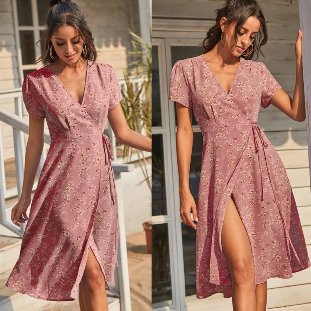 Boho floral print wrap dress